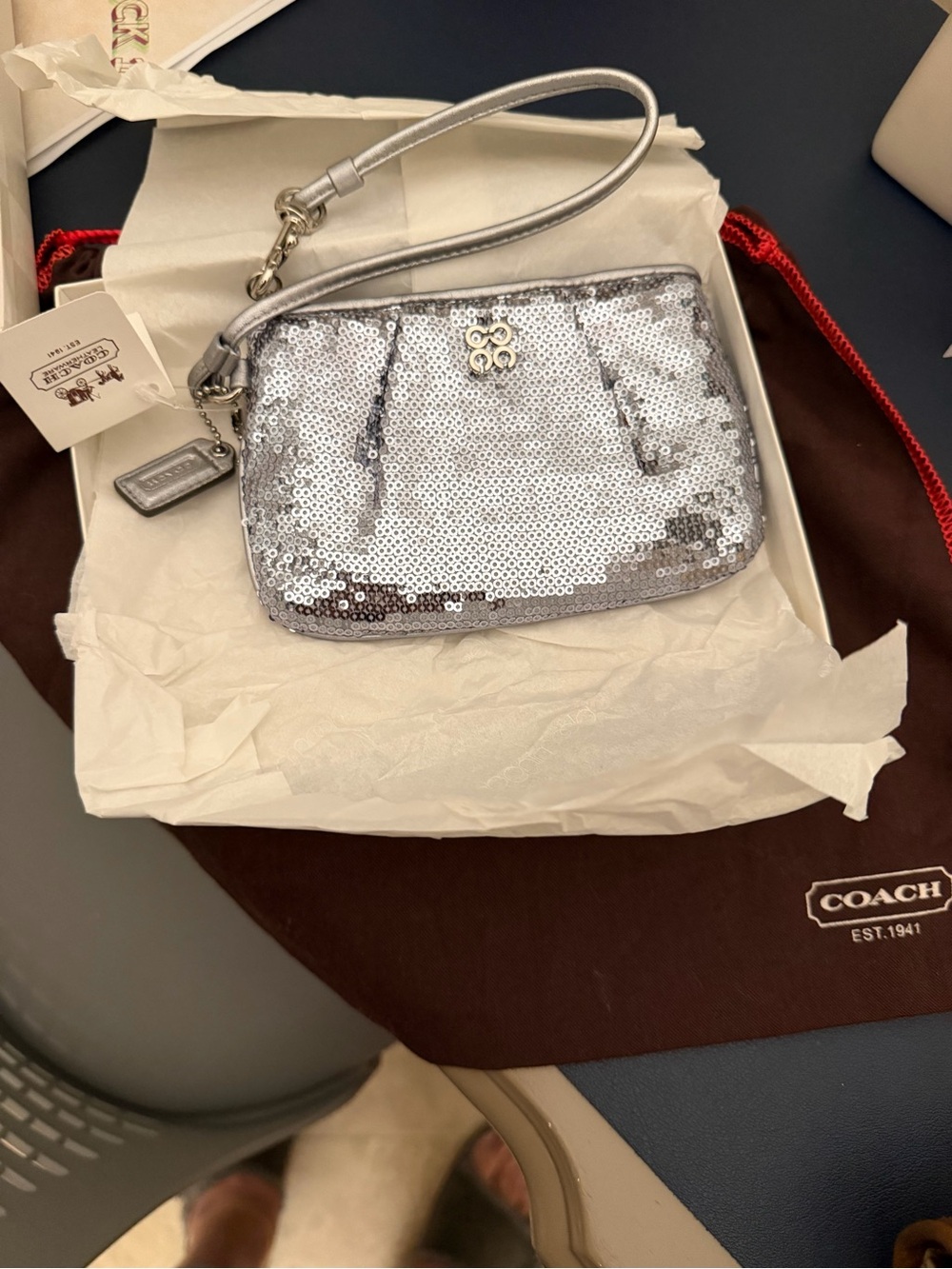 COACH Silver Sequin Wristlet Clutch with Detachable Strap